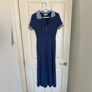 Vintage sailor style 80s- early 1990s navy blue maxi dress